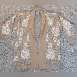 Vintage 90s Carriage Court Womens Cardigan Sweater Tan Floral Design Size Medium